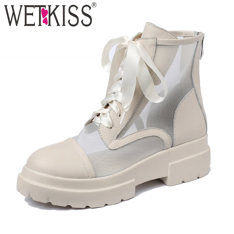 

WETKIS Cow Leather Ankle Boots Women Cross Tied Footwear Casual Mesh Motorcycle Boots Female Platform Shoes Woman Summer 2019