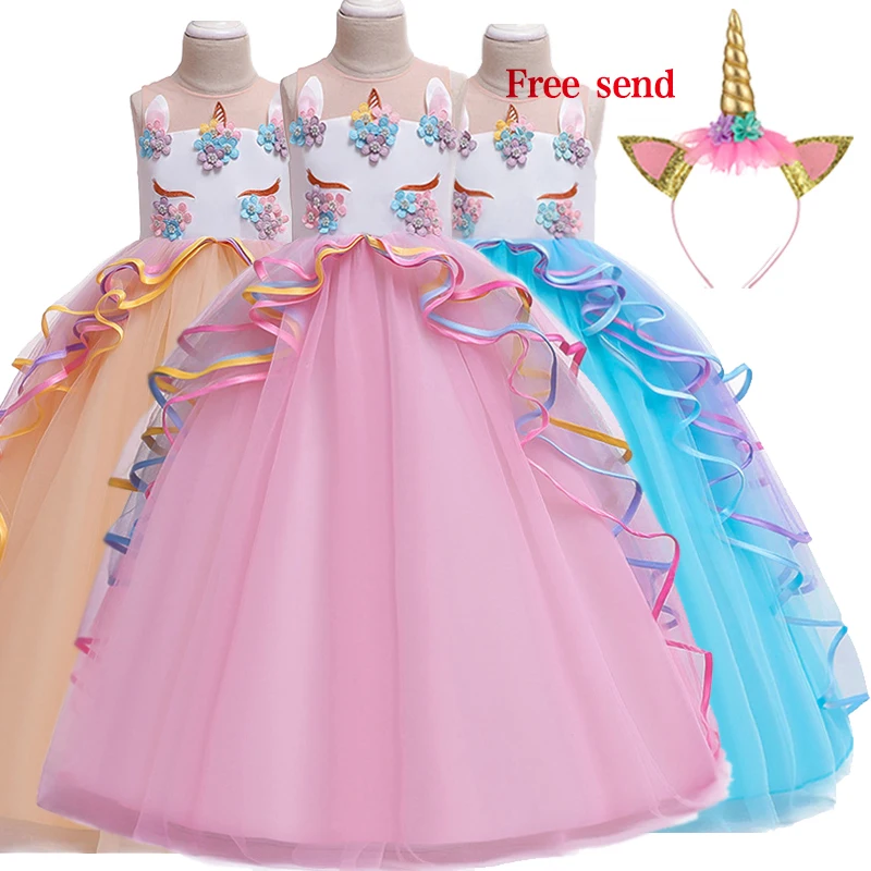 

New girls long Unicorn dress birthday princess dress Wedding flower girl Multi-layer mesh hem unicorn party dresses