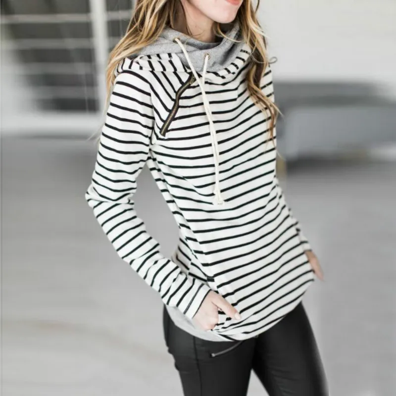  2019 Autumn Winter Casual Women Hoodies Irregular Neck Patchwork Striped Pullover Harajuku Pockets 