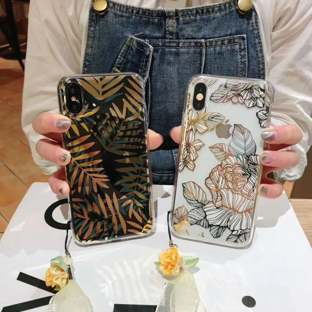 

luxury case for iPhone X Xs Max XR 7 8 6 6s plus clear plating golden flower style soft tpu silicone fashion back cover Lanyard