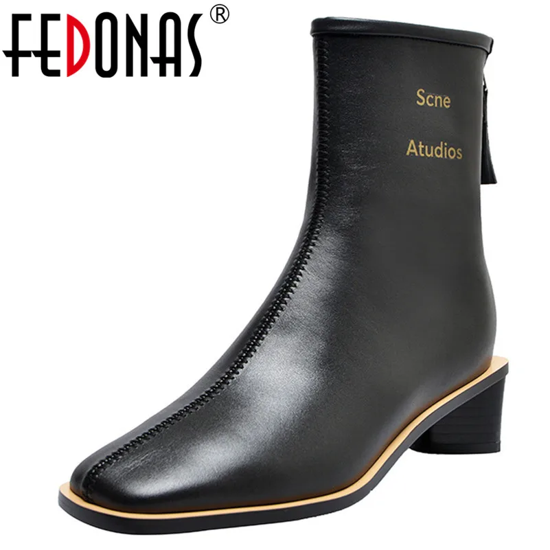 

FEDONAS New Fashion Brand Square Toe High Heels Women Ankle Boots Genuine Leather Zipper Chelsea Boots Basic Office Shoes Woman