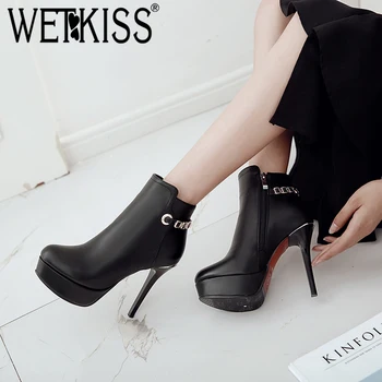 

WETKISS New High Heels Ankle Women Boots Metal Decoration Round Toe Footwear Zip Female Boot Platform Shoes Women 2018 Black