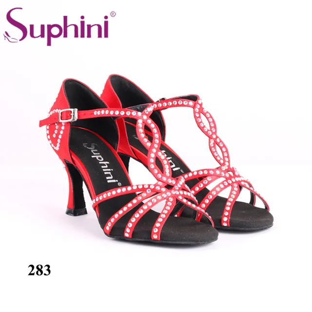 Red Woman Salsa Dance Shoes Suphini Flower Crystal Latin Dance Shoes