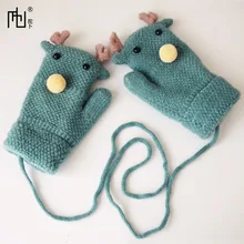 Детские зимние перчатки, перчатки для девочек с мультипликационным принтом на шее, имитация кашемировые перчатки, двойные толстые теплые перчатки для мальчиков от 2 до 8 лет