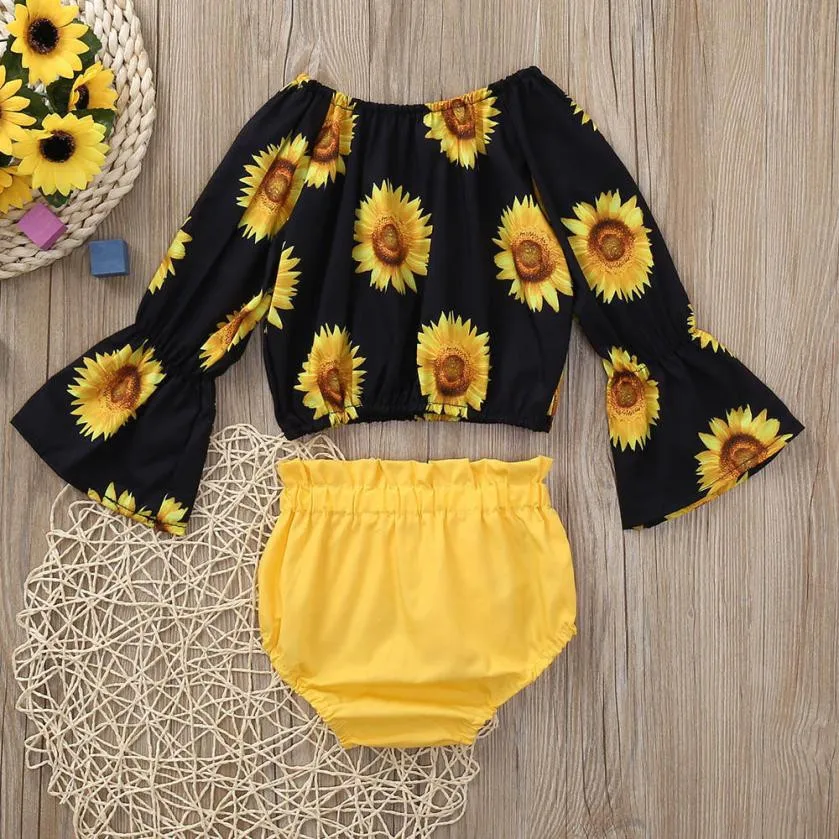 Girls 2 Piece Set Kids Clothing 2019 Sunflower Print Long Sleeved