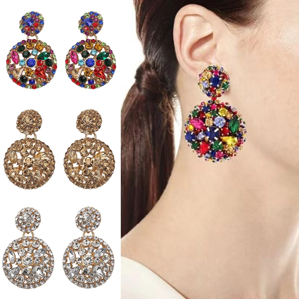 

Best lady Luxury Wedding Crystal Drop Dangle Earrings for Women Girls Bridal Gift Jewelry Bohemian Round Party Statement Earings