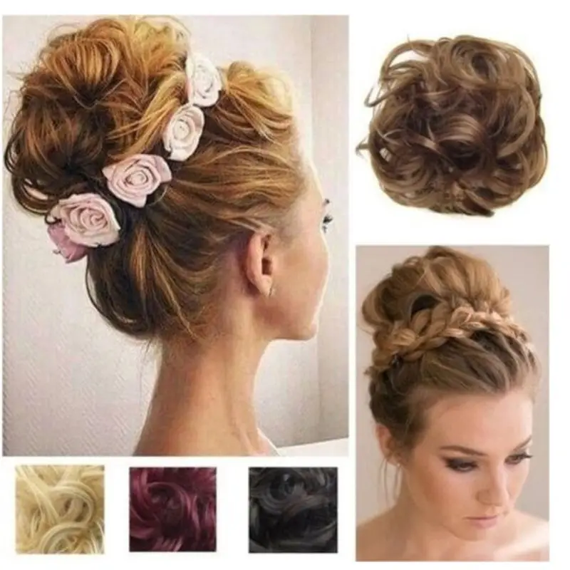 

Women Girls Synthetic Hair Extension Bun Donut Updo Ponytail Holder Elastic Wave Curly Wig Decorative Hairpieces Wrap Scrunchies