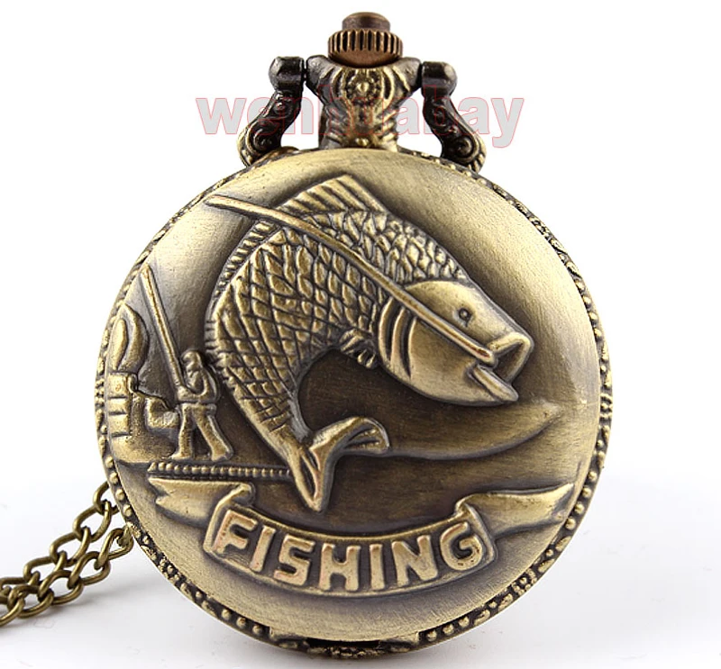 

Antique Bronze Fishing Angling Designer Quartz Pocket Watches Necklace Pendant Chain Unisex Gift Women Men Mens Fish Watch Gifts
