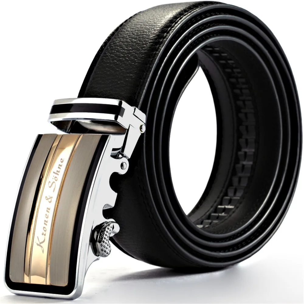

New Business Official Gold Black Strap Mens Dress Genuine Real Leather Waist Belt Auto Lock Stainless Steel Buckle Belts /KB015