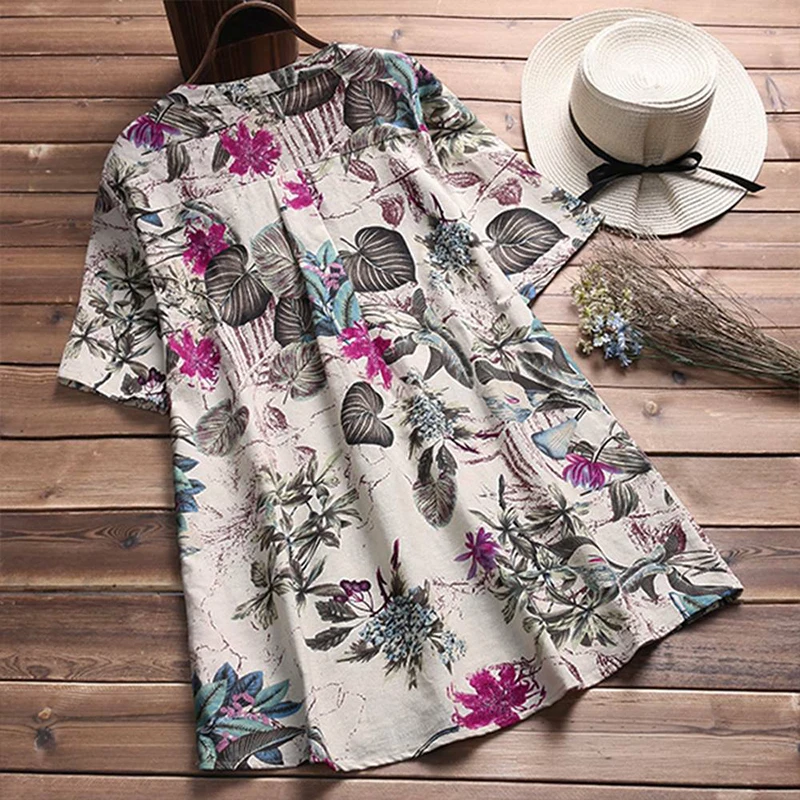 2019 Women's Linen Plush Size Blouse Shirt Women Casual Loose Summer Tops Short Sleeve V-Neck Button Shirts Floral Boho Blusas