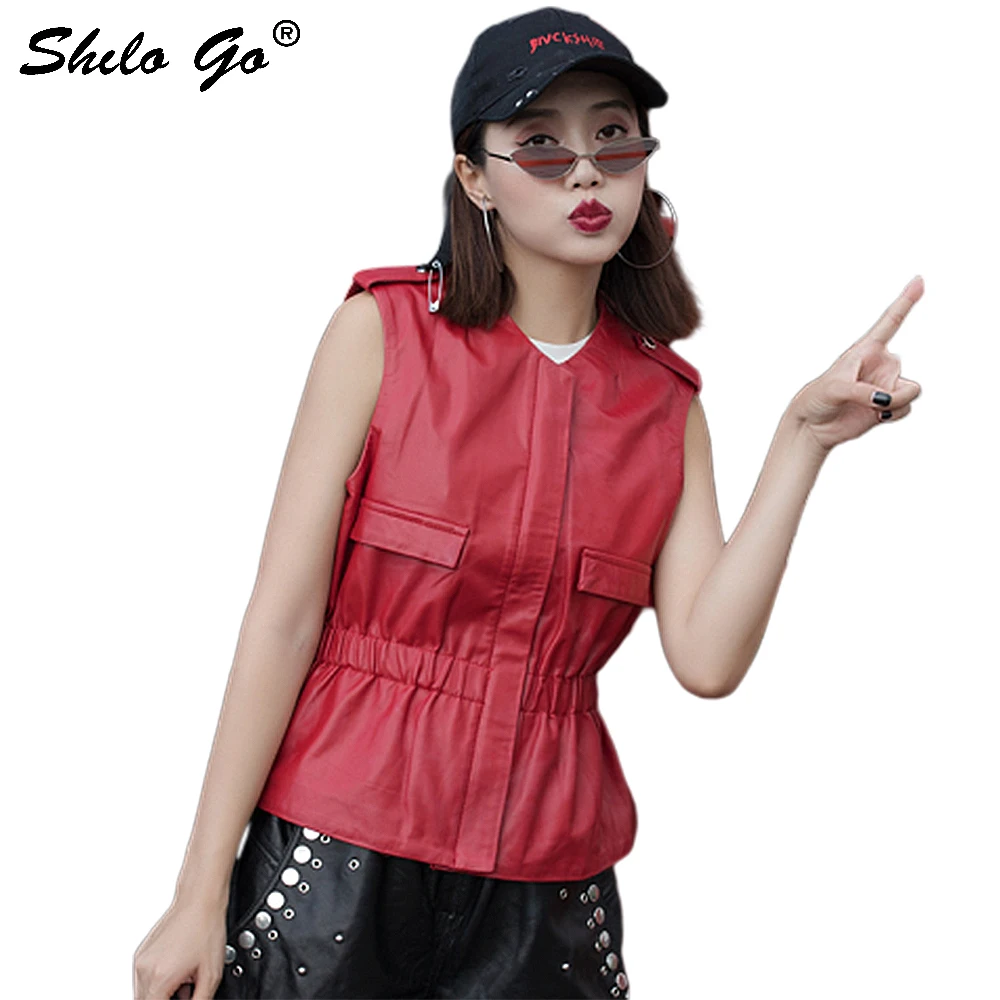 

Streetwear Leather Vest Womens Summer Casual V Neck Epaulet Sleeveless Elastic Waist Sheepskin Genuine Leather Zip Vest Female
