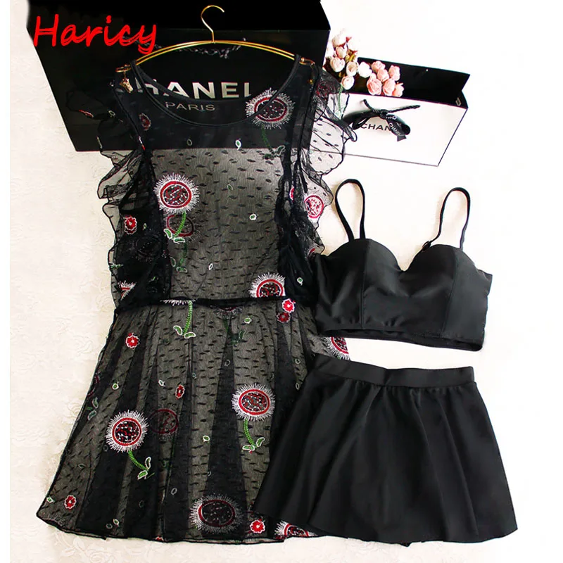 Sun Flower Bikinis Women 2017 Black Lace Swimsuit Skirt Push Up Padded