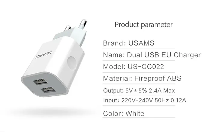 USAMS USB зарядное устройство 5 В/2,4 А зарядное устройство для мобильного телефона для iPhone samsung 2 порта EU/UK вилка настенное зарядное устройство для iOS/Android телефон зарядное устройство s