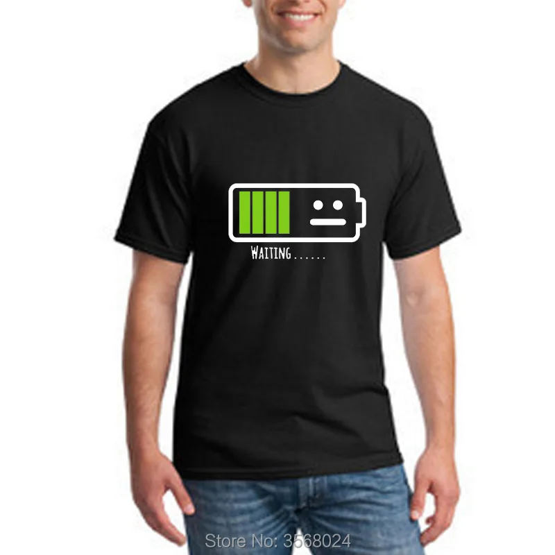 Print Battery T shirt Men Funny Waiting Energy Solid Cotton T Shirts