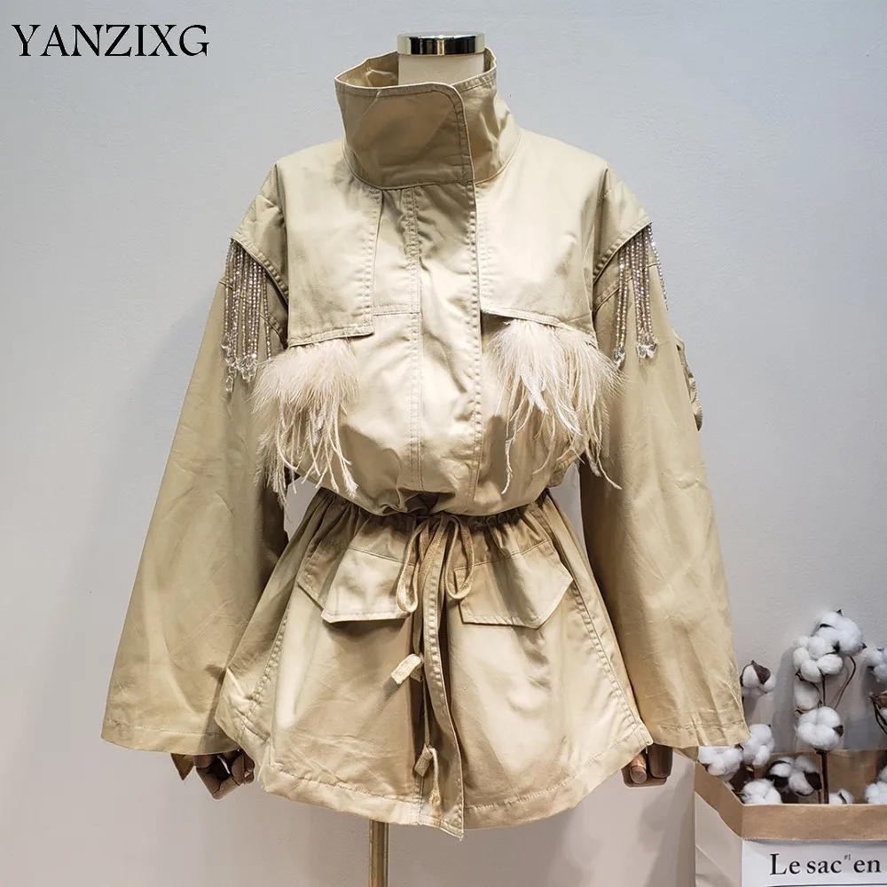 2019 New Fashion Ostrich Feather Beaded High Quality Overcoat For Women Female's Trench Drawstring Waist Vestido R476 | Женская