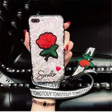 

For iPhone X Case Lace Embroidered Rose Transparent Painting Cover For iPhone 8 8 Plus 7 7P 6S Plus 6G Back Cover With Lanyard