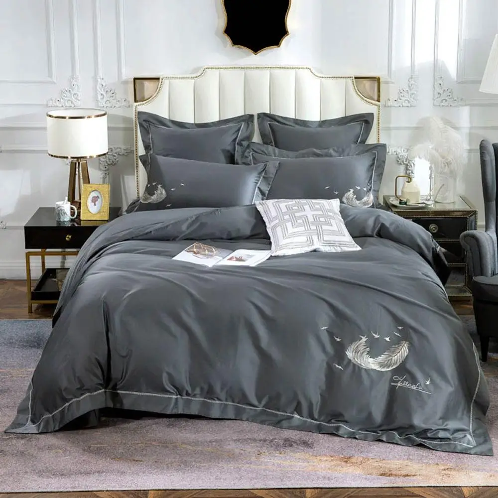 2019 Dark Grey Brief Feathers Bedding Set Embroidery Egyptian