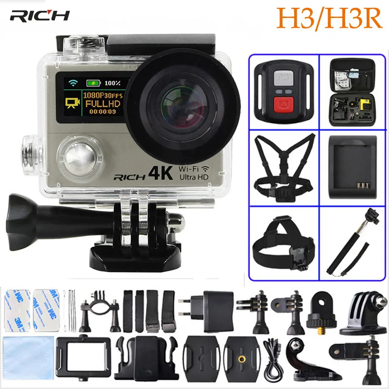 Экшн камера H3/H3R Ultra HD 4K 1080P с дистанционным управлением 2 дюйма 170D Go широкоугольная