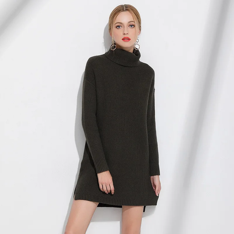 2017Autumn Winter New Knit Loose Fit Sweater Dress turtleneck Long Sleeve pullover long sweater