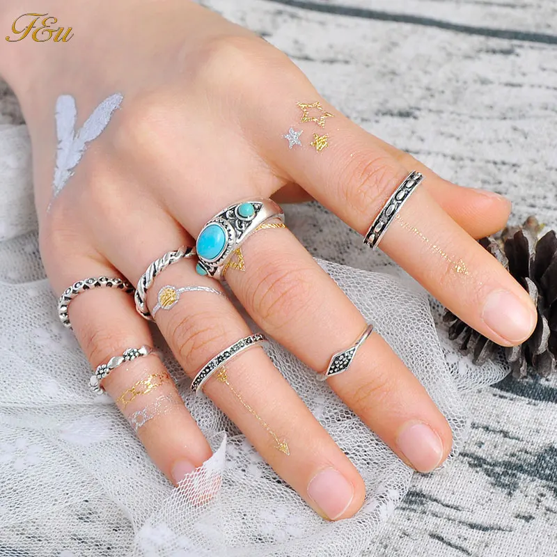 F&U Fashion Ring Joint Ring Hot Sell Rings 7pcs A Set Vintage Silver Color Green Stone Joint