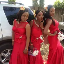 2015 Red Bridesmaid Dress Scoop Cap Sleeve Bow Beads Satin Mermaid Floor-Length Robe Demoiselle Honneur Biridesmaid Dresses