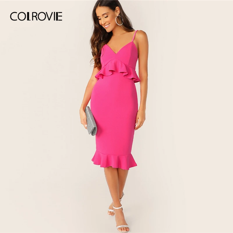 

COLROVIE Neon Hot Pink V Neck Bodycon Ruffle Peplum Slip Sexy Dress Women 2019 Summer High Waist Sleeveless Party Midi Dresses