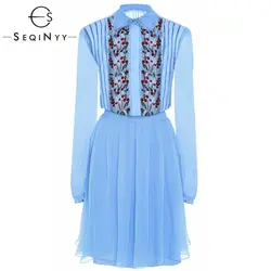 SEQINYY светло-голубое платье 2019 летнее Новое модное женское высокое качество вышивка цветы Бисероплетение Плиссированное кружевное Мини