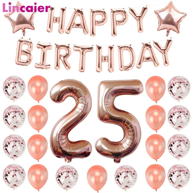 Lincaier Number 25 Balloons Birthday Party Decorations 25 Years Old 25th Birthday Supplies Ballon Rose Gold Pink Black Silver
