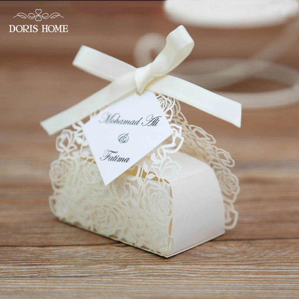 100 шт кремовая Роза лазерная резка свадебные коробки коробка для конфет Свадебные сувениры и подарки Casamento