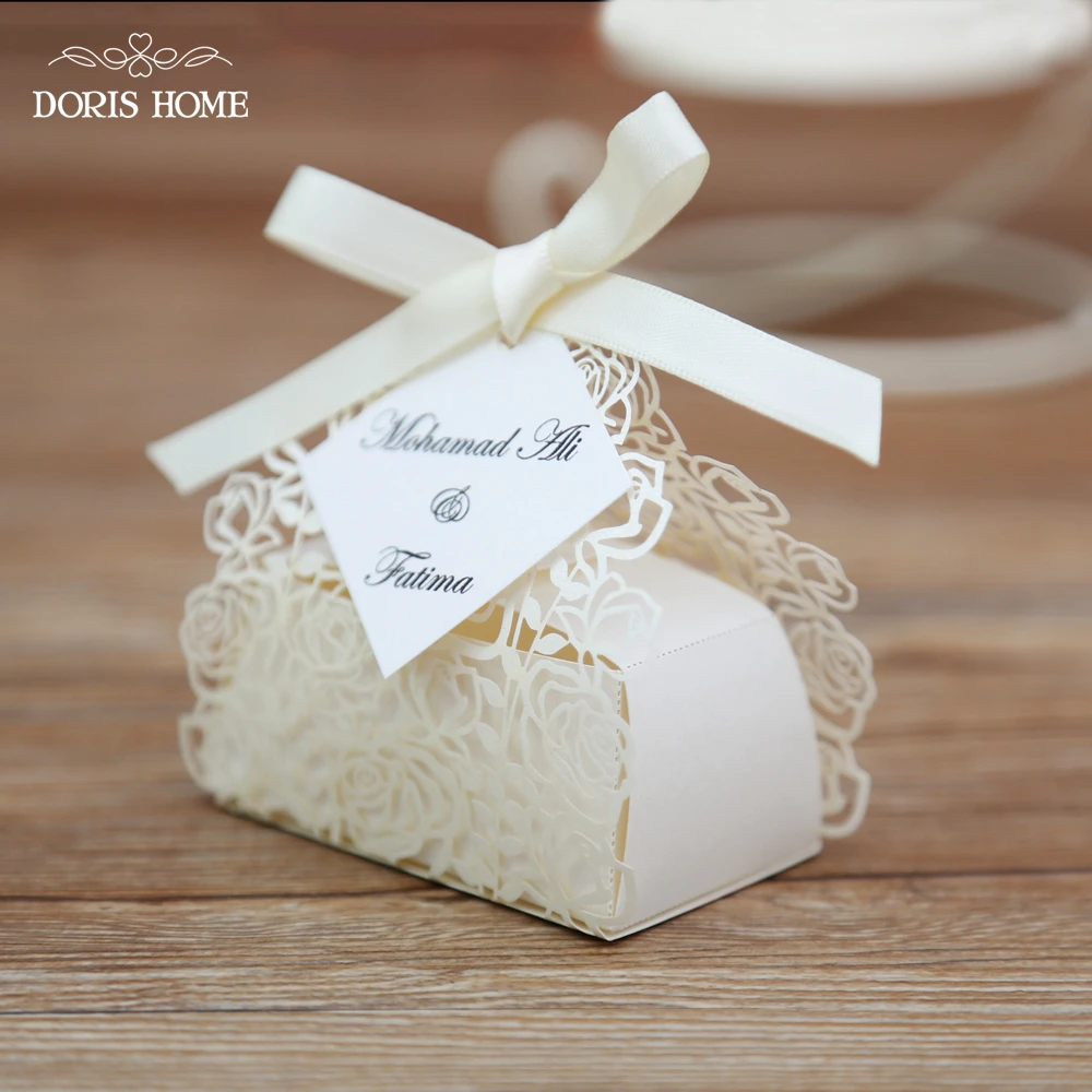 100pcs Cream Rose Laser Cut Wedding Favor Boxes Wedding Candy Box Casamento Favors And Gifts