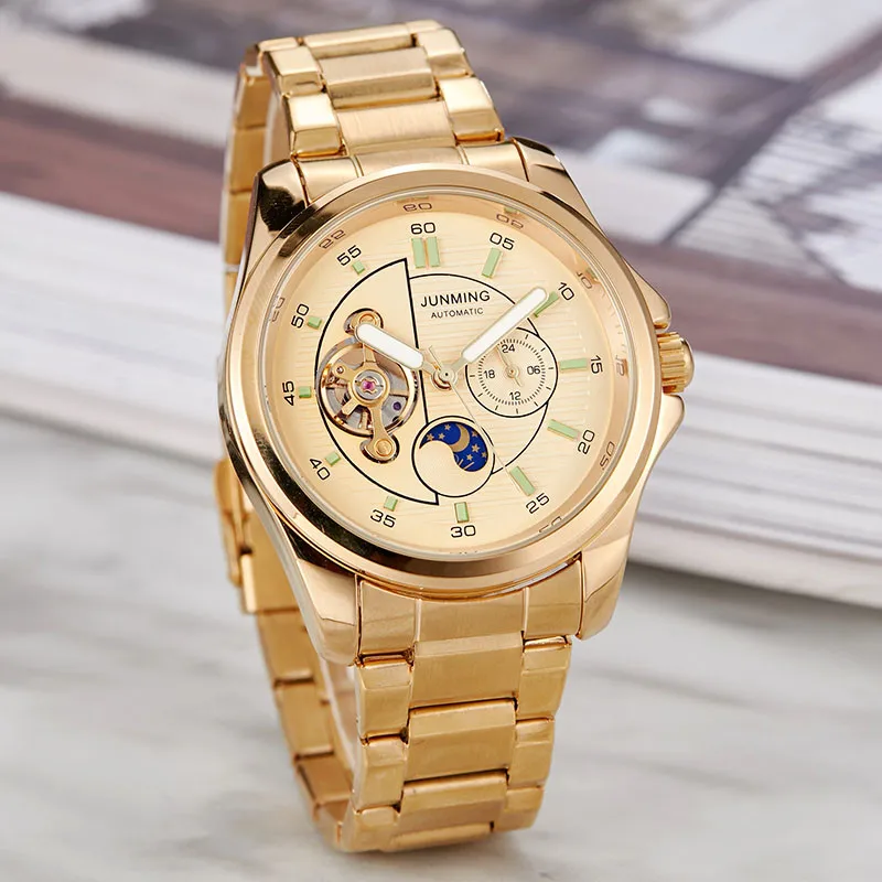 

Luxury Top Automatic Mechanical Men Watch Skeleton Moon Phase Stainless Steel Bracelet Self-wind Wristwatches Male Clock relogio
