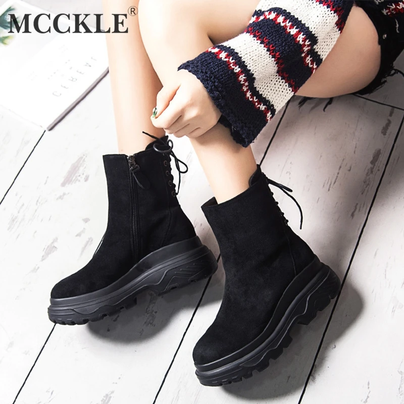 

MCCKLE Women Ankle Boots Platform Female Casual Footwear Lace Up Fashion Zipper Short Boot Autumn Chunky Heel Shoes For Girls