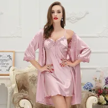 Сексуальный женский халат и платье, Летний Шелковый кружевной комплект из 2 предметов, платье для сна+ халат, одежда для сна, женское атласное Ночное платье, ночная рубашка, домашняя одежда