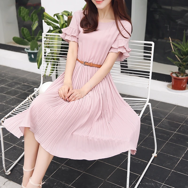 

New 2019 Pink Gray Light Green Dress Women Pleated Elastic Waist Mid-Calf Dress With Belt Butterfly Sleeve vestidos D85590