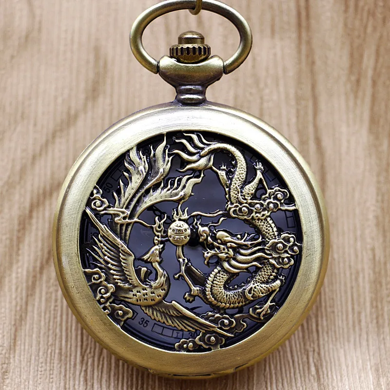 Antique font b Steampunk b font Vintage Hollow Bronze Dragon Phoenix Quartz Pocket font b Watch