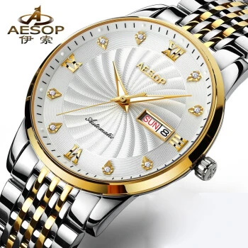 AESOP Mechanical Watch Men Luxury Top Brand Auto Date Diamond Gold Stainless Wristwatch Business Waterproof Montre Homme - Цвет: Серебристый