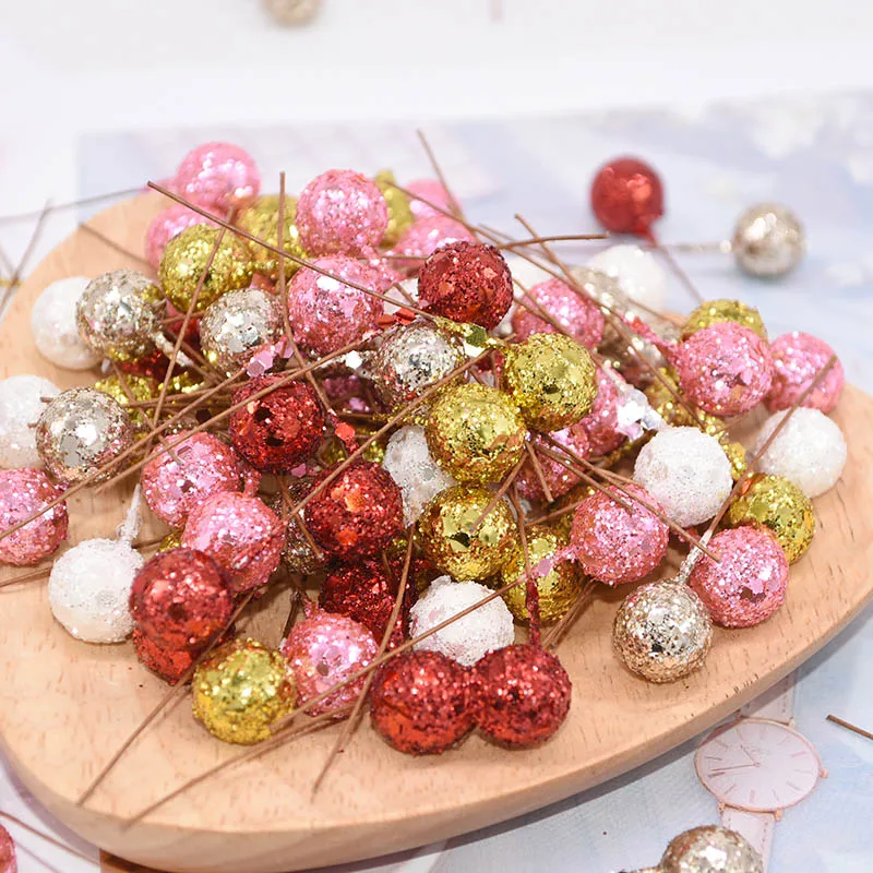 50pcs/lot Glitter Fruit Stamens Cherry Artificial Flower Small Berries Beads for Wedding DIY Flower Wreath Gift Box Decoration