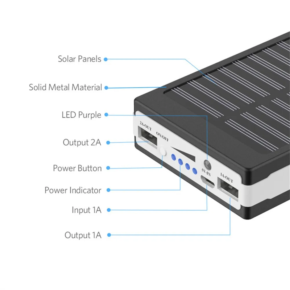 Высококачественный Солнечный светодиодный портативный внешний аккумулятор с двумя usb-портами 5x18650, Внешнее зарядное устройство, чехол для самостоятельной сборки, батарея в комплект не входит
