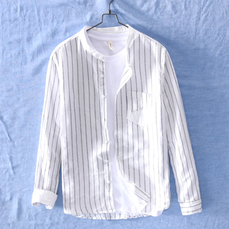 

Japanese Style Fashion Mens Shirt Stripe Collarless Long Sleeve Linen Shirt Men Summer Streetwear Casual Shirts camisa masculina