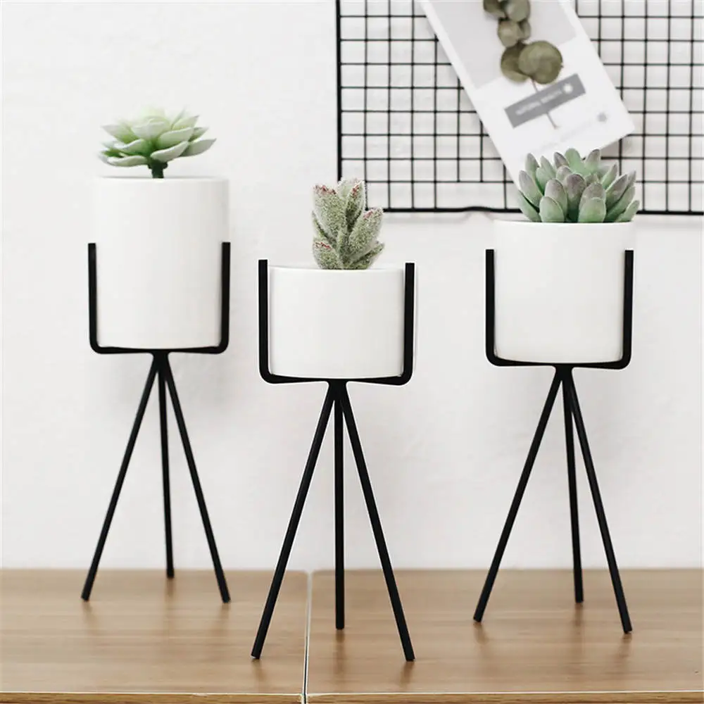 

White Ceramic Plant Pot with Metal Frame Nordic Home Simple Decor Table Vase Chic Cosmetic Brush Storage Jar Chic Candle Can