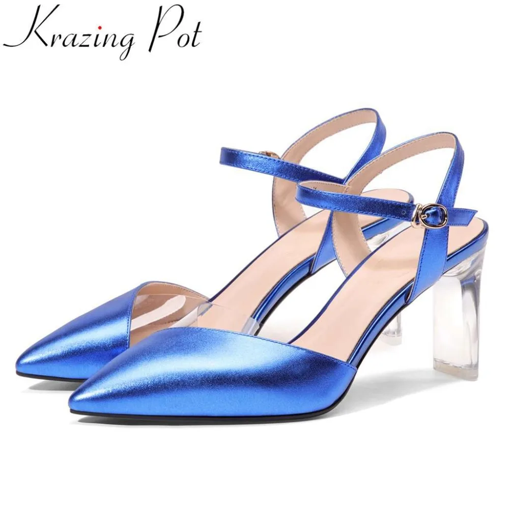 

Krazing Pot natural leather high heels buckle strap office lady slingback women pumps sexy nightclub dress pointed toe shoes L17