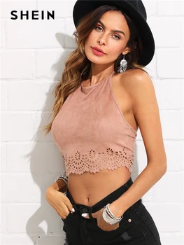 

SHEIN Scallop Laser Suede Halter Top Pink Cut Out Backless Women Plain Vest 2018 Summer New Female Sexy Party Crop Top Vest