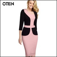 IHOT-Vintage-Ladies-Patchwork-Asymmetrical-Neck-Sexy-pencil-Office-Dress-Bodycon-Female-3-4-Sleeve-Sheath