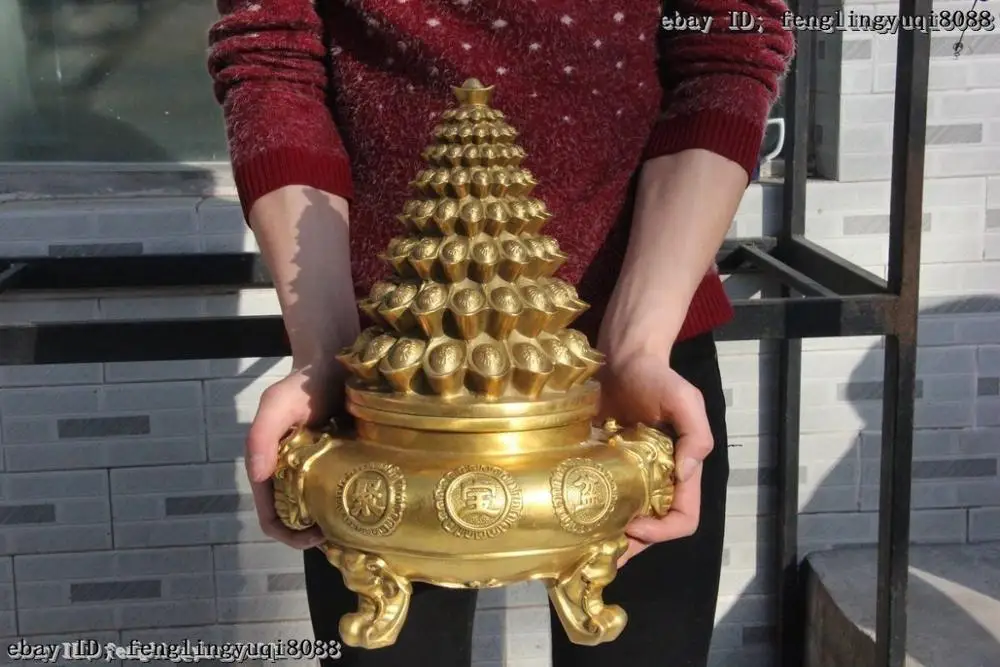 14ɼhinese Folk Wealth Brass Copper Yuan Bao treasure bowl Incense Burner Censer | Дом и сад