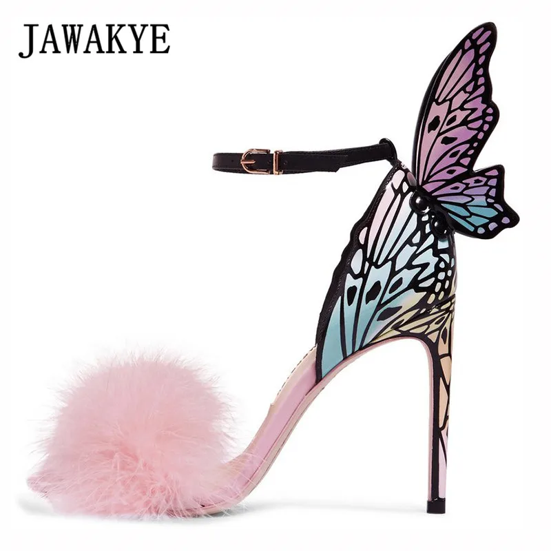 Элегантные розовые женские босоножки с перьями и крыльями бабочки вечерние туфли на очень высоком тонком каблуке с открытым носком женские сандалии-гладиаторы
