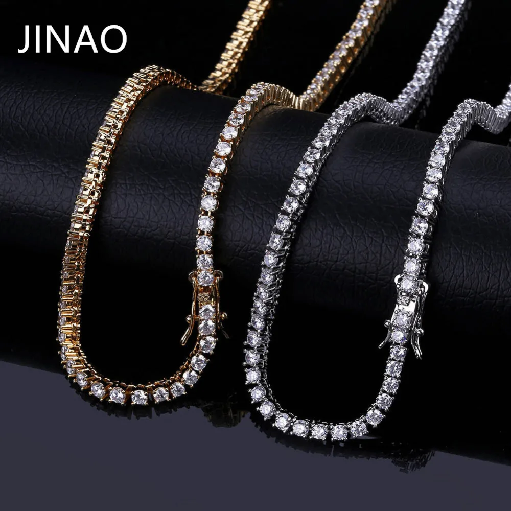 JINAO الذهب/الفضة/Rosegold اللون مثلج خارج سلسلة الهيب هوب النحاس مايكرو تمهيد CZStone 3/5 مللي متر تنس سلسلة قلادة مع 18 \