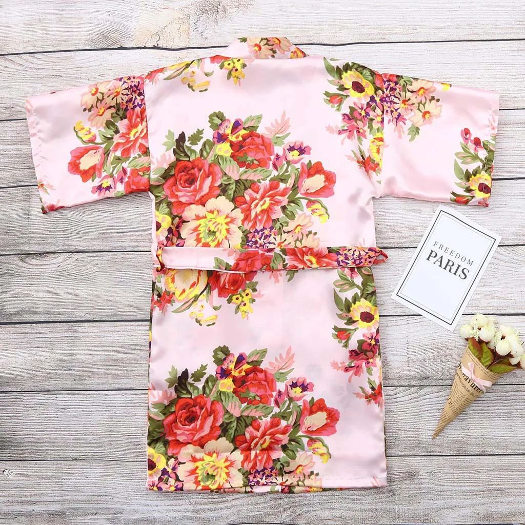Летние халаты для маленьких девочек с цветочным принтом и цветочным принтом; детское шелковое атласное кимоно с цветочным принтом для маленьких девочек; банный халат; одежда для сна; 19June01