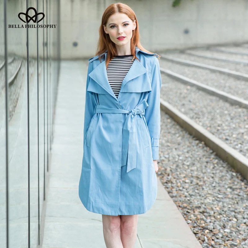 

Bella Philosophy 2018 Autumn Winter New Jacket Women Long Dust Coat Jacket Khaki Blue Outwears Ladies Casual Belt Coat