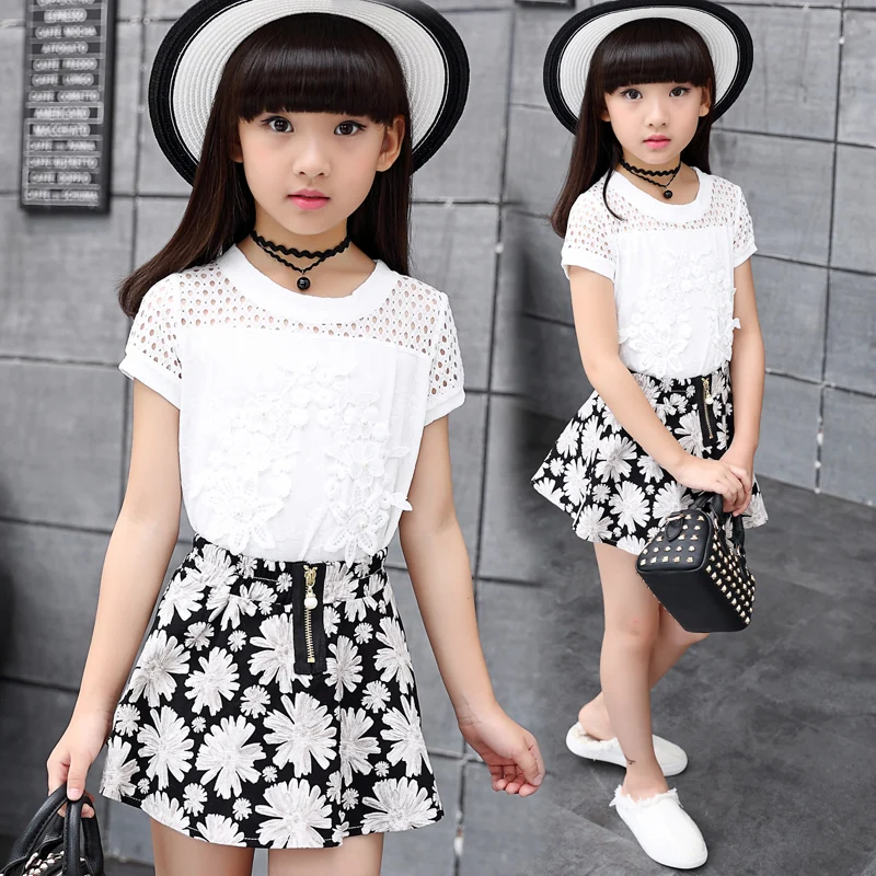 

2017 New Arrival Baby Girls Clothing Sets Summer Solid Short Sleeve O-neck T-shirt+Flower Skirt 2Pcs Sets Fashion for 3-13Y