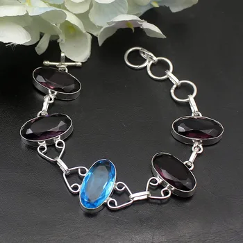 

Hermosa Natural Purple Amethystt BlueTopaz Nice Jewelry Chain Links Bracelets For Women 7.25 Inch A576